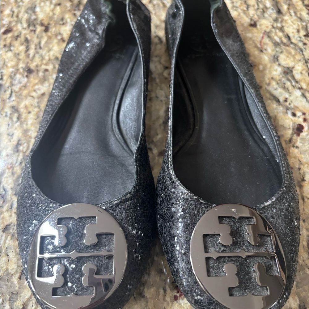 Tory Burch Black Sparkle Flats with Silver Logo - Size 8 - Like New